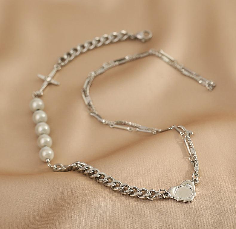 Ladies Silver Cross Heart with Beads Necklace SKAJ017 - SWEETKAMA