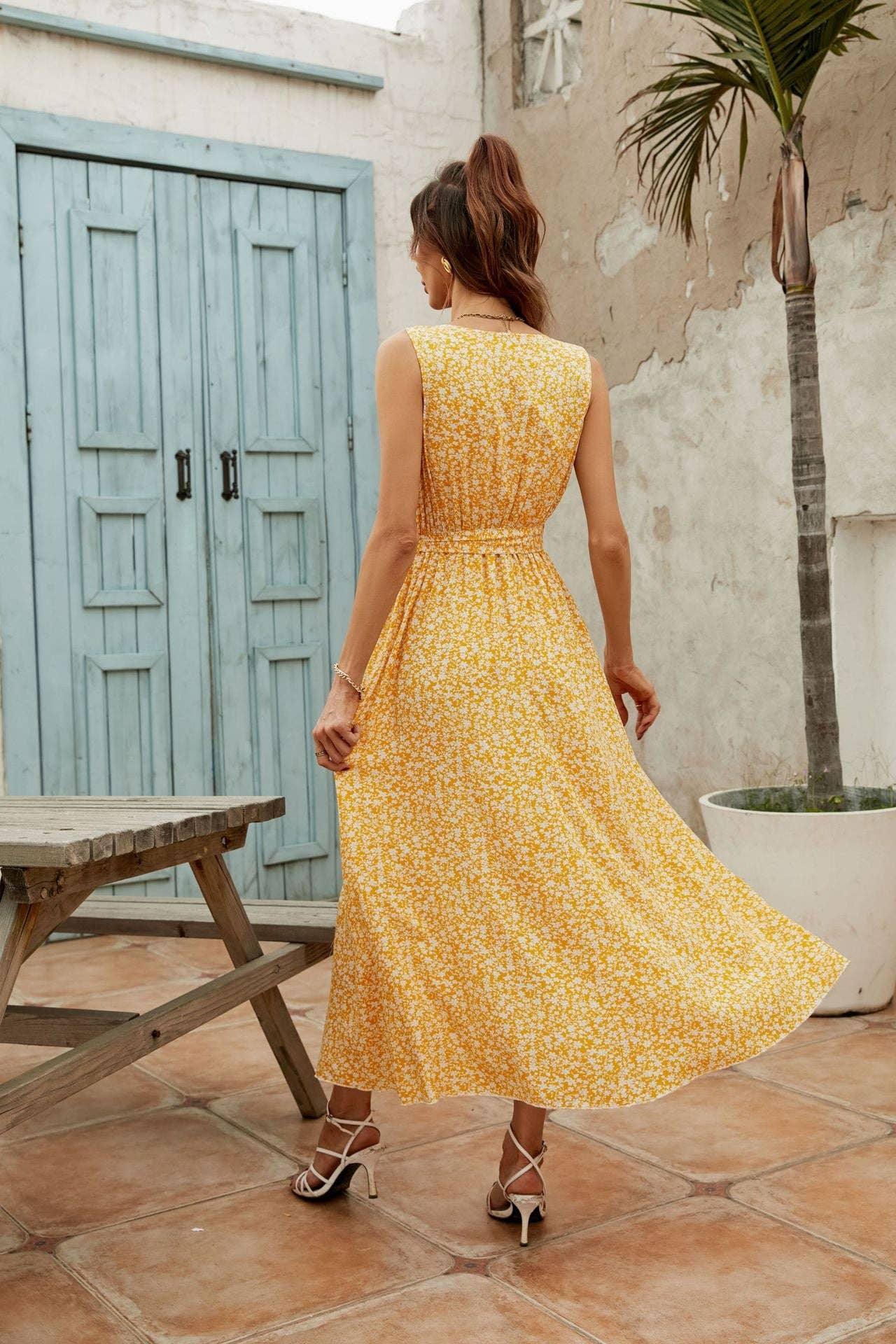 Ladies Sleeveless Floral Print Midi Dress 2542 - SWEETKAMA
