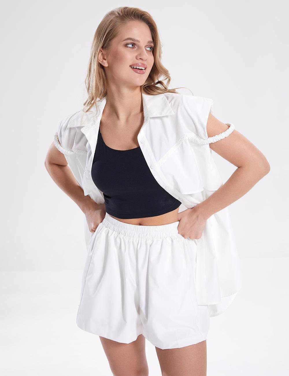 Ladies Sleevesless Botton Down Top Shorts 2PCS Set SKST279 - SWEETKAMA
