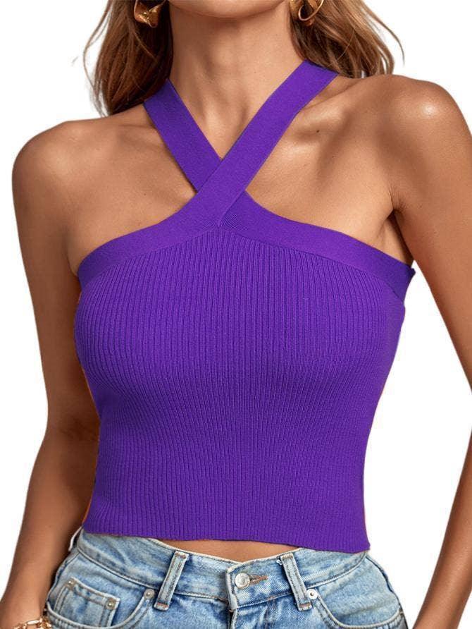 Ladies Slim Sleeveless Cross Neck Crop Top YL0311 - SWEETKAMA