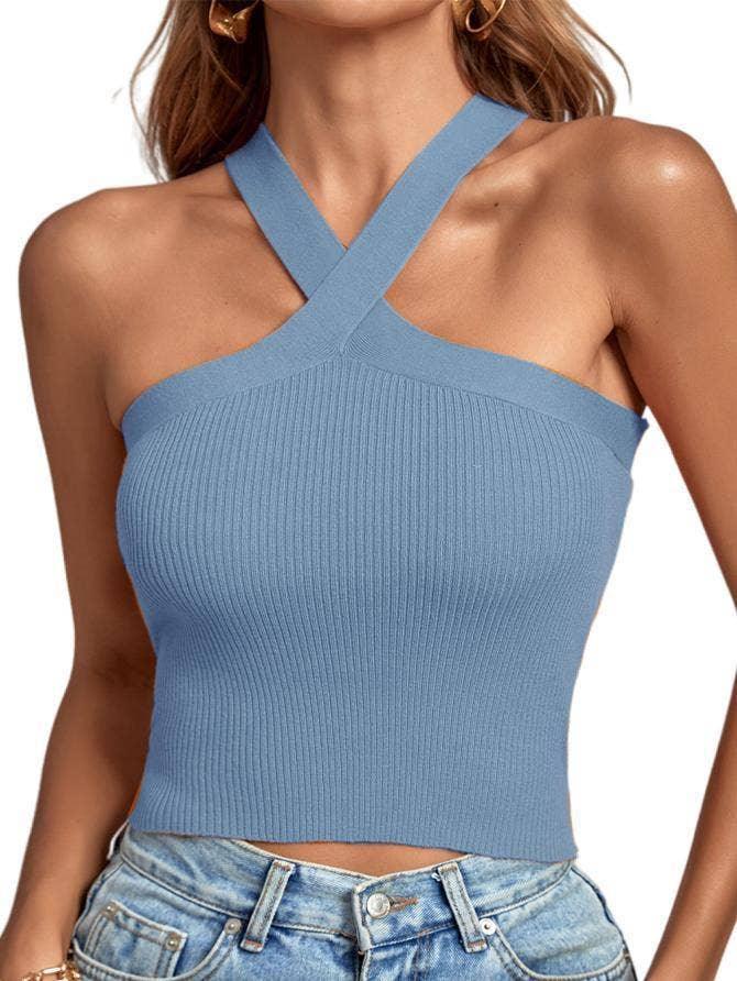 Ladies Slim Sleeveless Cross Neck Crop Top YL0311 - SWEETKAMA