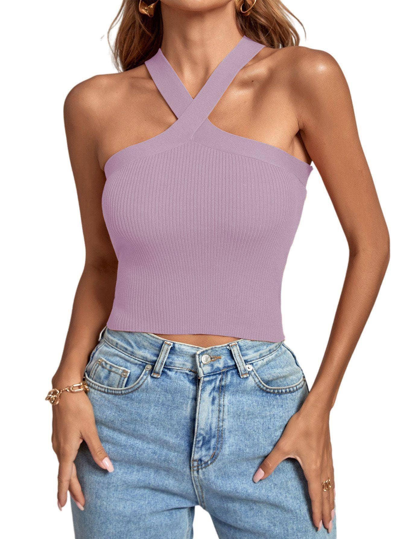 Ladies Slim Sleeveless Cross Neck Crop Top YL0311 - SWEETKAMA