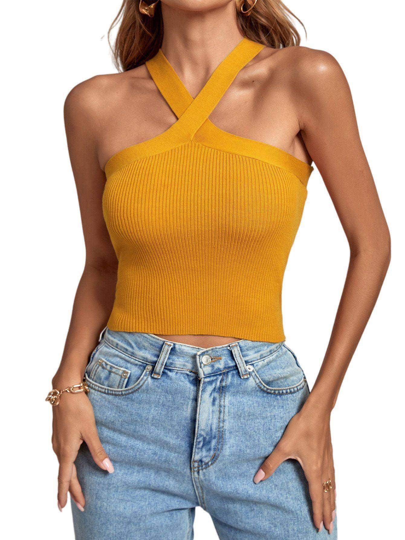 Ladies Slim Sleeveless Cross Neck Crop Top YL0311 - SWEETKAMA