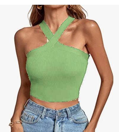 Ladies Slim Sleeveless Cross Neck Crop Top YL0311 - SWEETKAMA