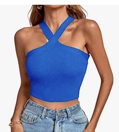 Ladies Slim Sleeveless Cross Neck Crop Top YL0311 - SWEETKAMA