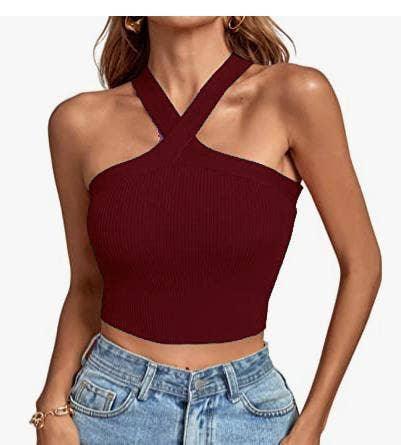Ladies Slim Sleeveless Cross Neck Crop Top YL0311 - SWEETKAMA