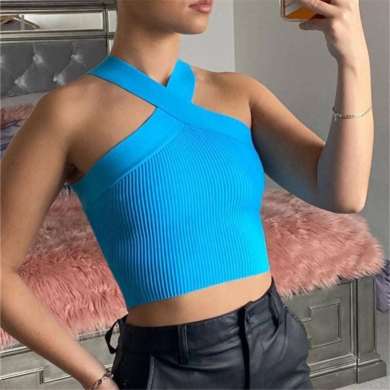 Ladies Slim Sleeveless Cross Neck Crop Top YL0311 - SWEETKAMA