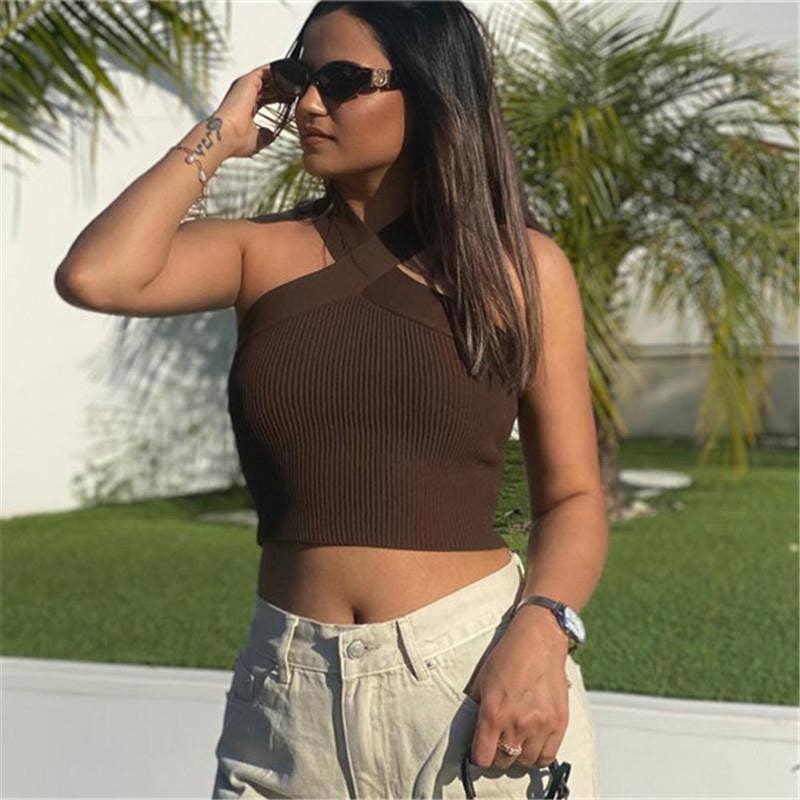 Ladies Slim Sleeveless Cross Neck Crop Top YL0311 - SWEETKAMA