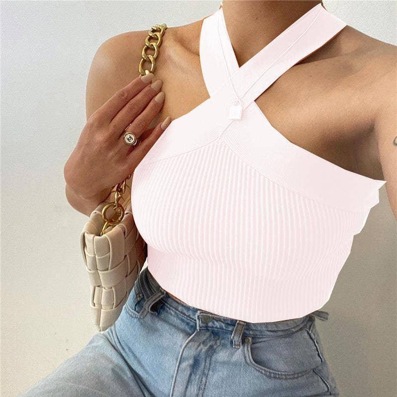 Ladies Slim Sleeveless Cross Neck Crop Top YL0311 - SWEETKAMA