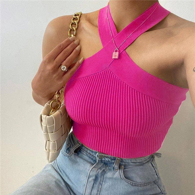 Ladies Slim Sleeveless Cross Neck Crop Top YL0311 - SWEETKAMA