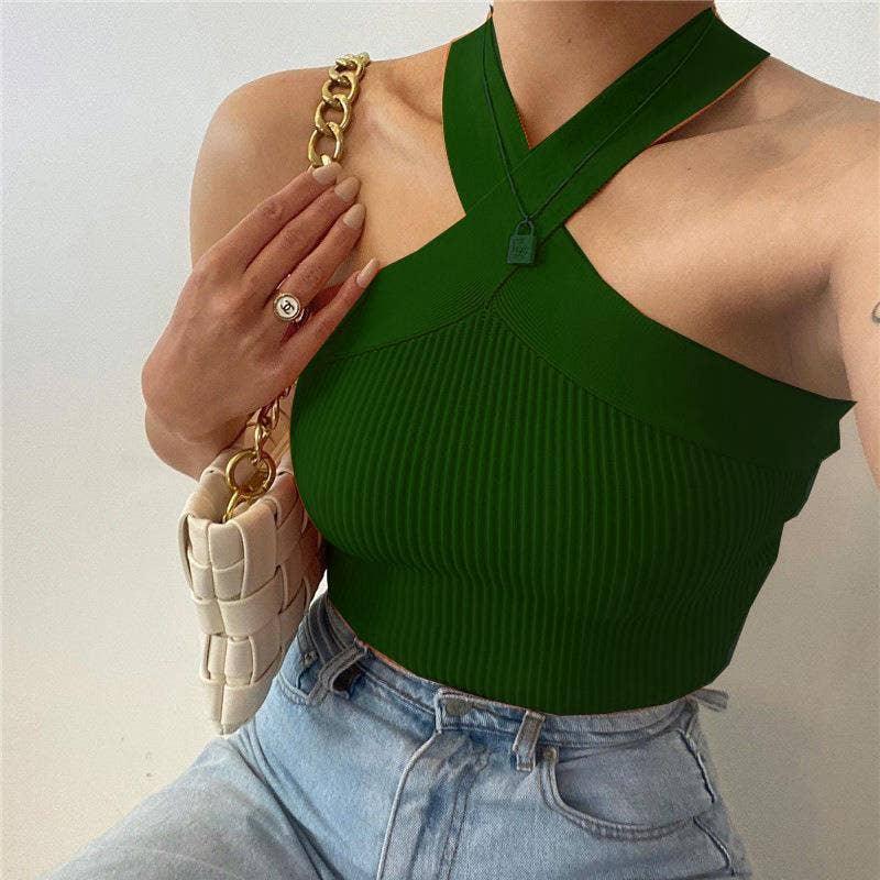 Ladies Slim Sleeveless Cross Neck Crop Top YL0311 - SWEETKAMA