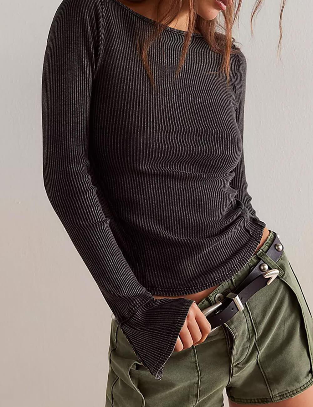 Ladies Solid Color Bell Long Sleeves Top SKT534 - SWEETKAMA