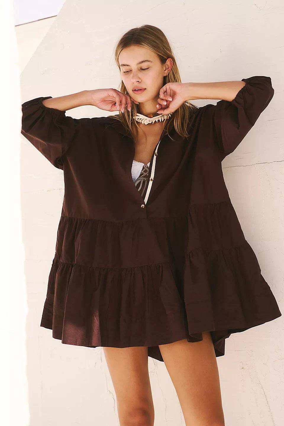 Ladies Solid Color Button Mini Shirt Dress 0711 - SWEETKAMA