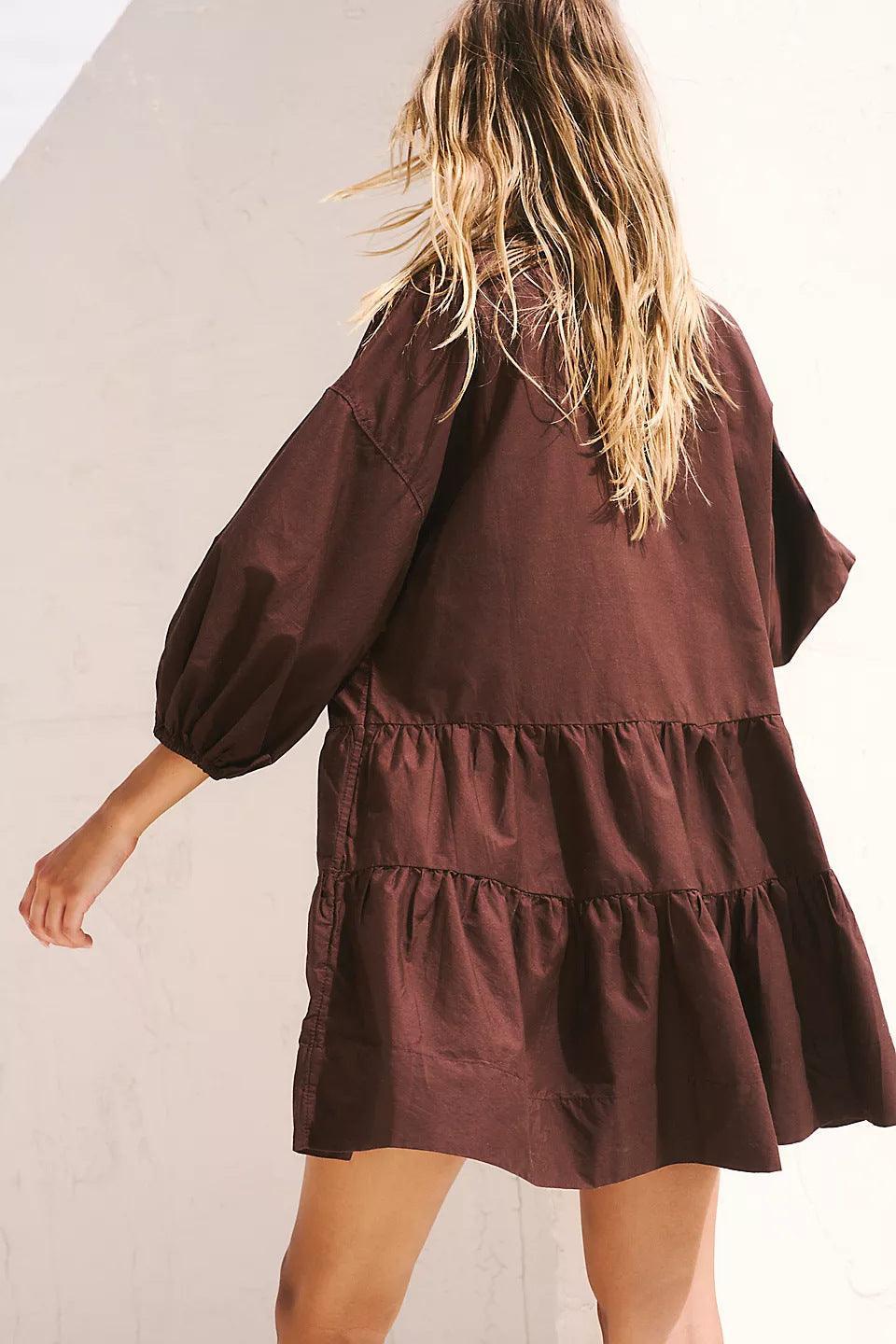 Ladies Solid Color Button Mini Shirt Dress 0711 - SWEETKAMA