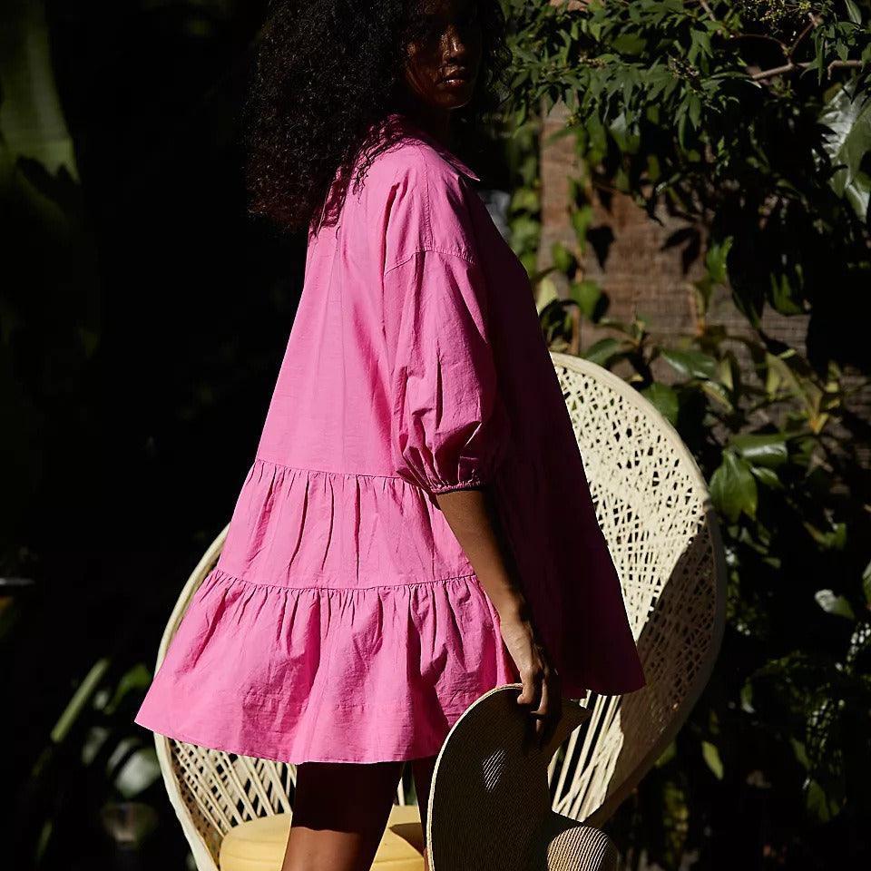Ladies Solid Color Button Mini Shirt Dress 0711 - SWEETKAMA
