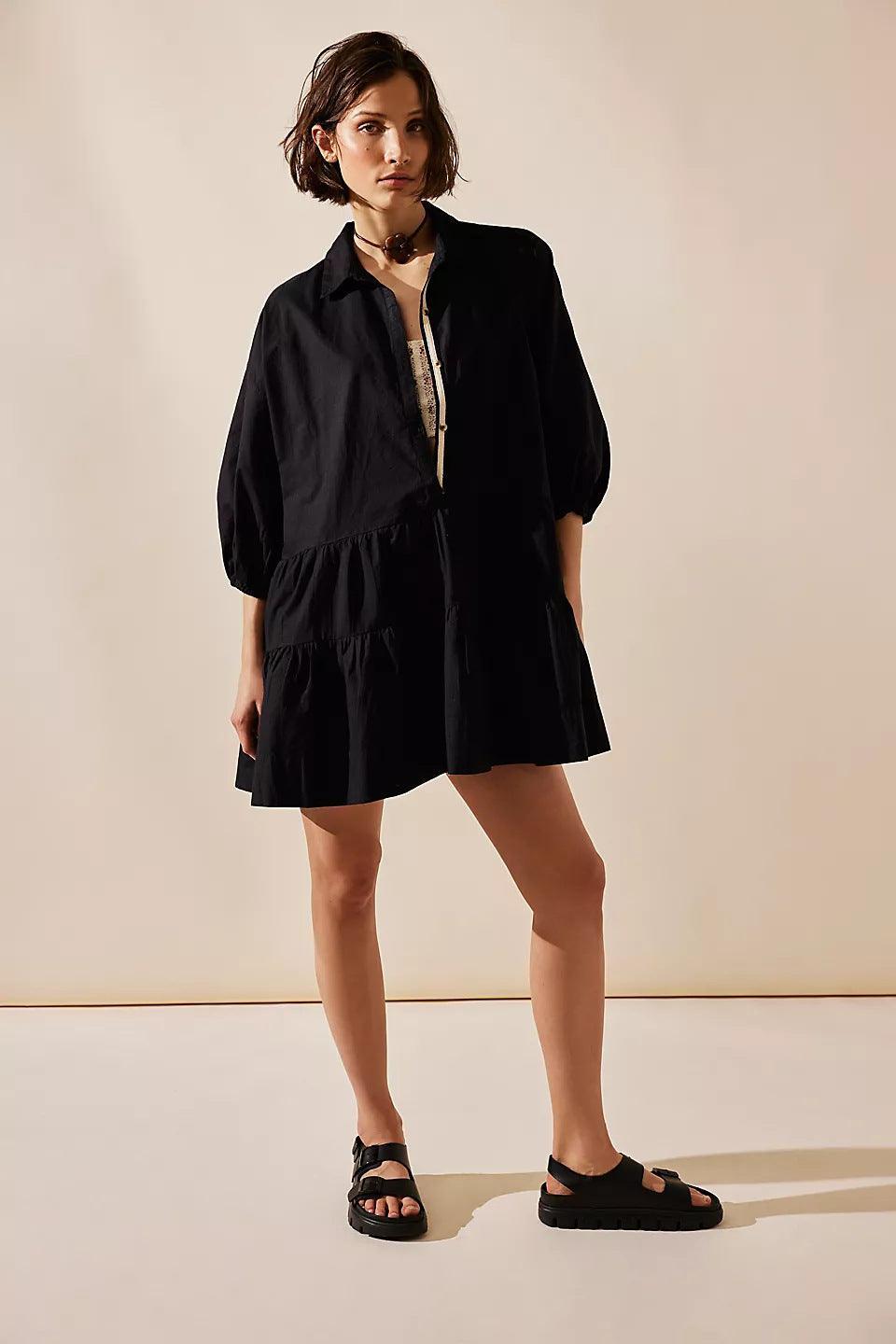 Ladies Solid Color Button Mini Shirt Dress 0711 - SWEETKAMA