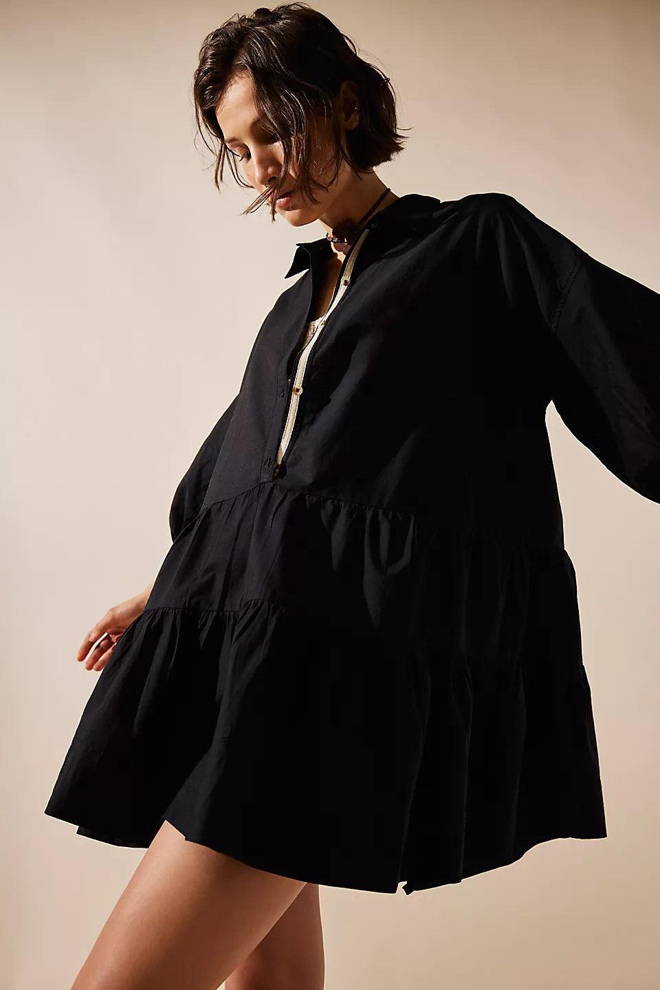 Ladies Solid Color Button Mini Shirt Dress 0711 - SWEETKAMA