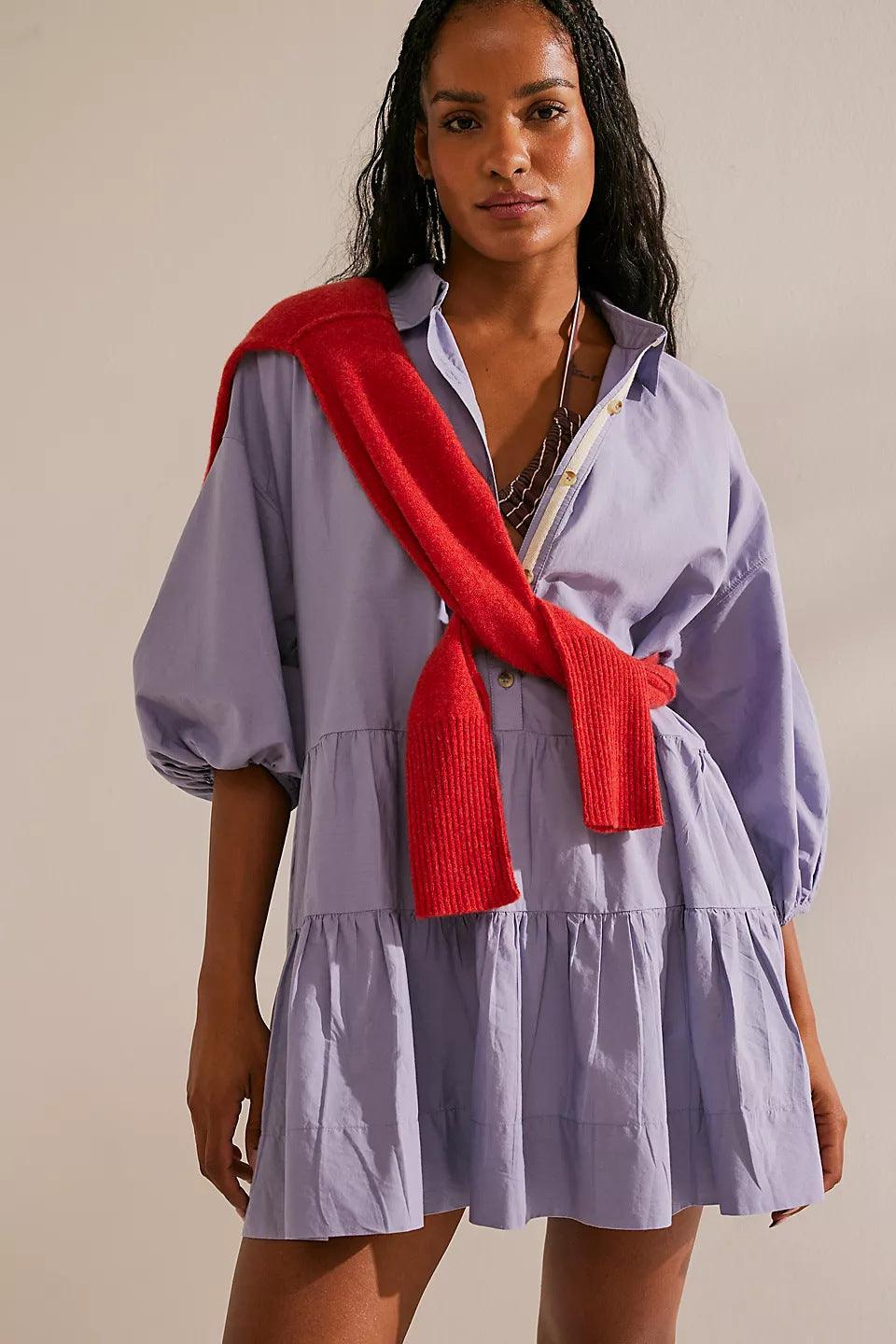 Ladies Solid Color Button Mini Shirt Dress 0711 - SWEETKAMA