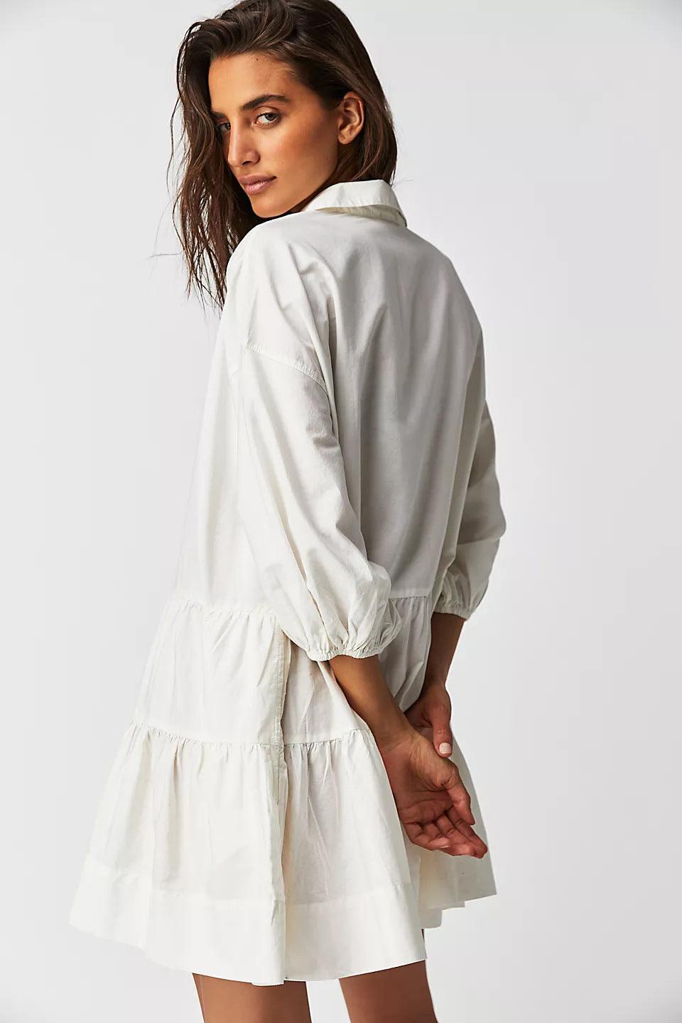 Ladies Solid Color Button Mini Shirt Dress 0711 - SWEETKAMA