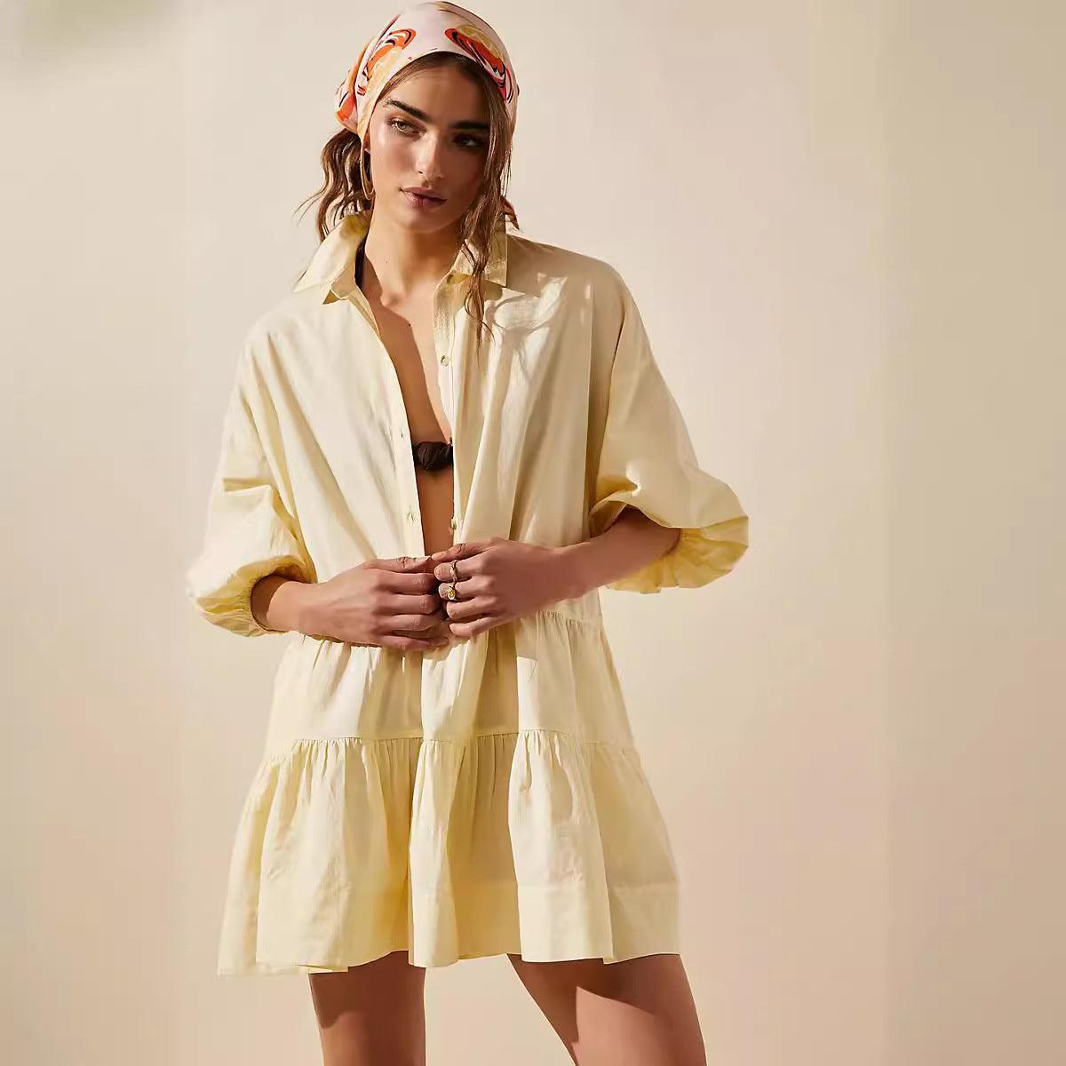 Ladies Solid Color Button Mini Shirt Dress 0711 - SWEETKAMA