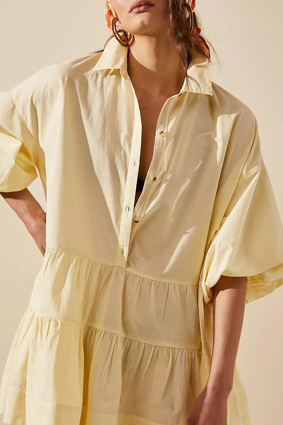 Ladies Solid Color Button Mini Shirt Dress 0711 - SWEETKAMA
