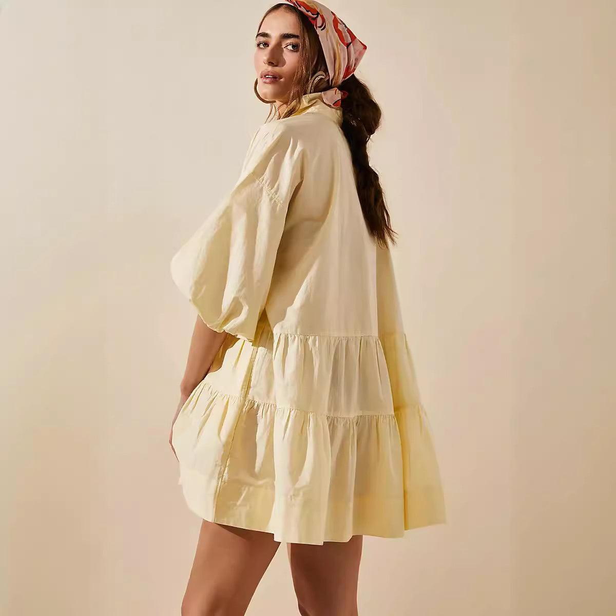 Ladies Solid Color Button Mini Shirt Dress 0711 - SWEETKAMA