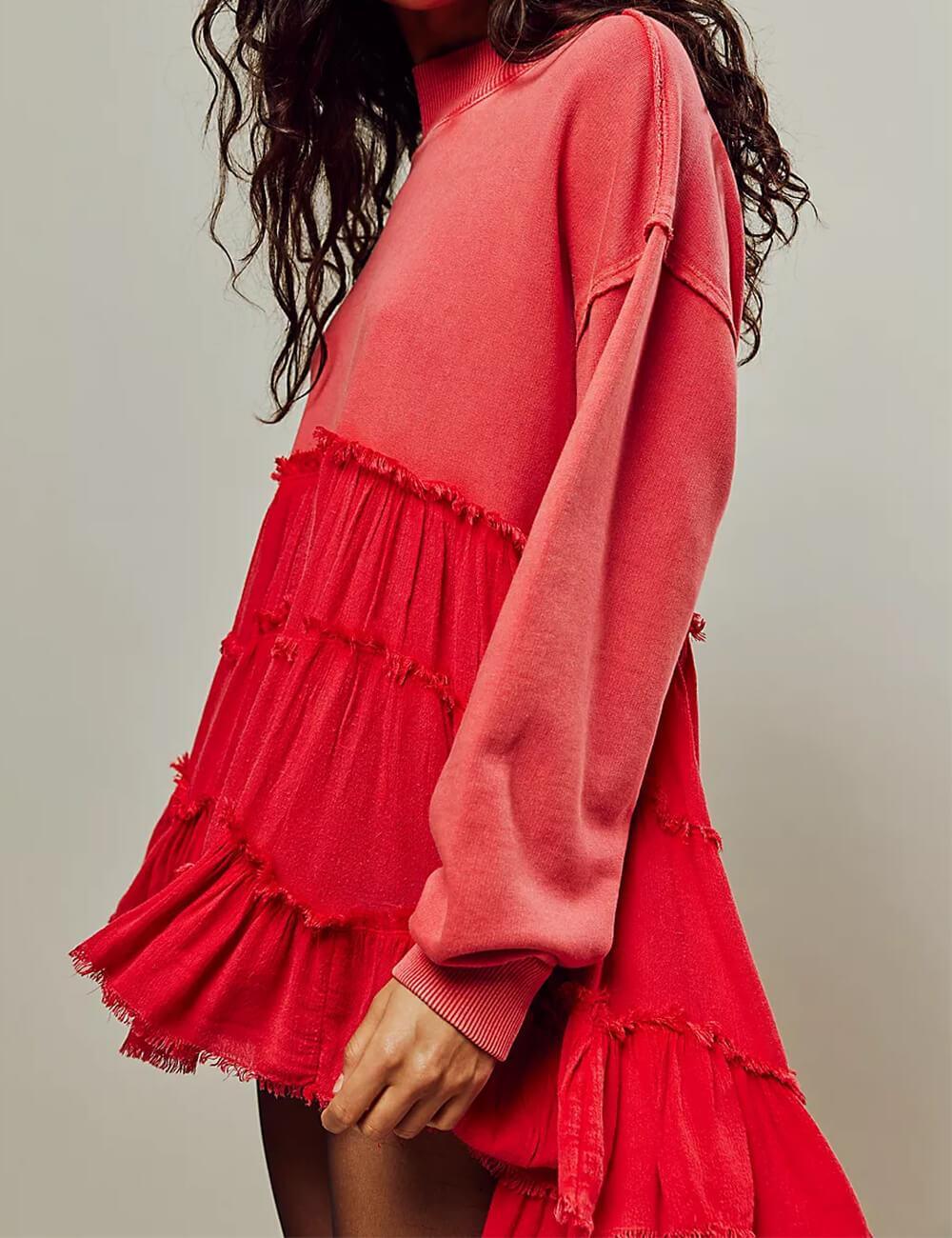 Ladies Solid Color Crew Neck Sweatshirt Dress SKT484 - SWEETKAMA