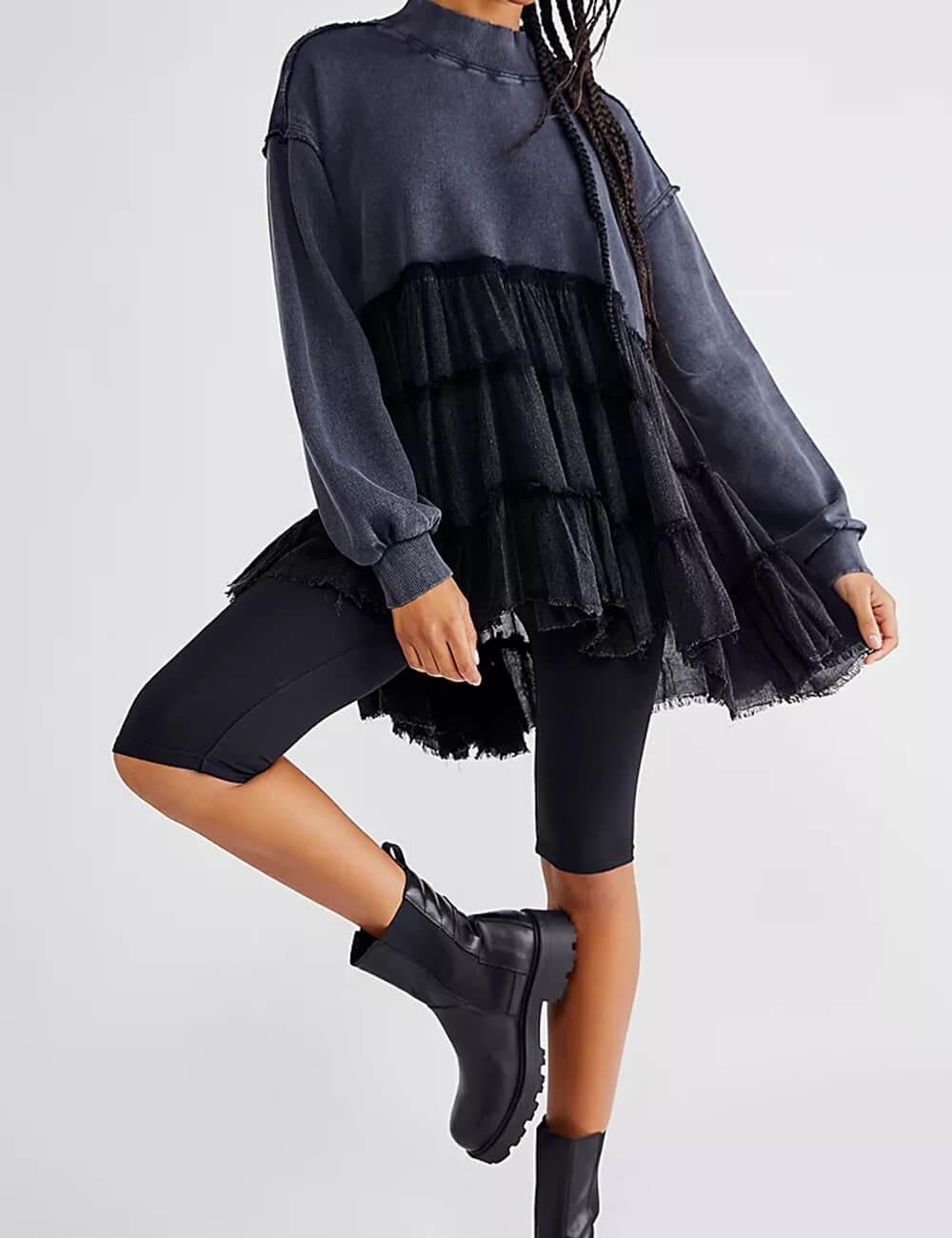 Ladies Solid Color Crew Neck Sweatshirt Dress SKT484 - SWEETKAMA