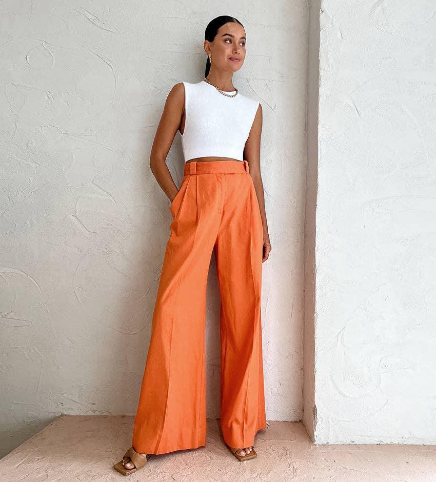 Ladies Solid Color High Waist Wide Leg Pants C-K2298 - SWEETKAMA
