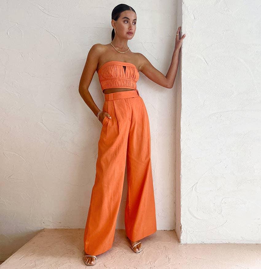 Ladies Solid Color High Waist Wide Leg Pants C-K2298 - SWEETKAMA