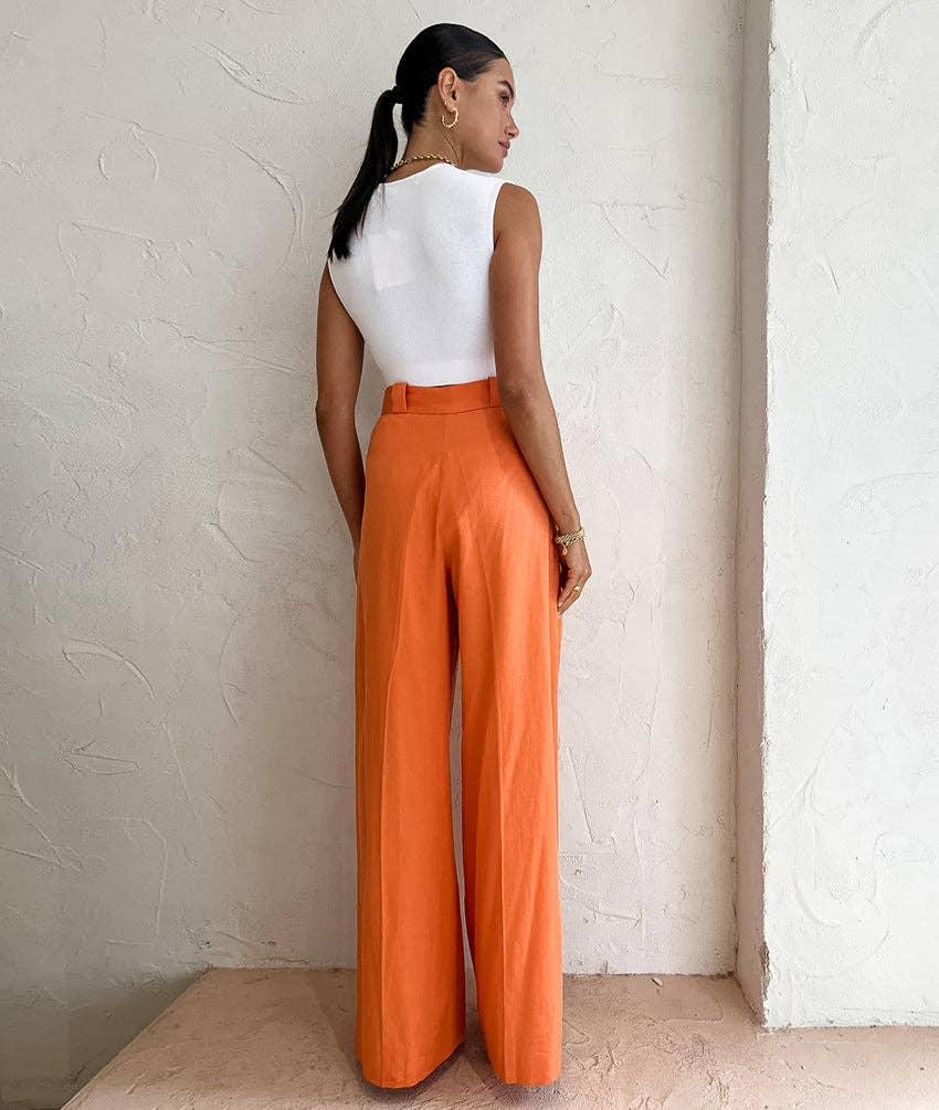 Ladies Solid Color High Waist Wide Leg Pants C-K2298 - SWEETKAMA