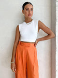 Ladies Solid Color High Waist Wide Leg Pants C-K2298 - SWEETKAMA