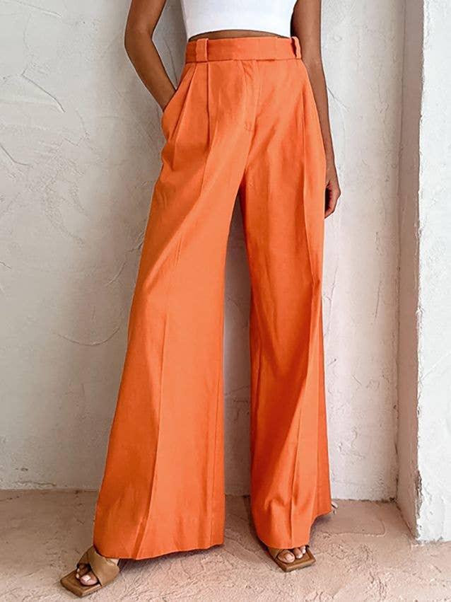 Ladies Solid Color High Waist Wide Leg Pants C-K2298 - SWEETKAMA