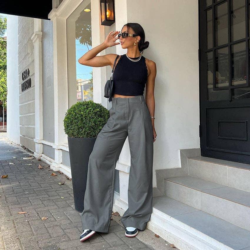 Ladies Solid Color High Waist Wide Leg Pants C-K6029 - SWEETKAMA
