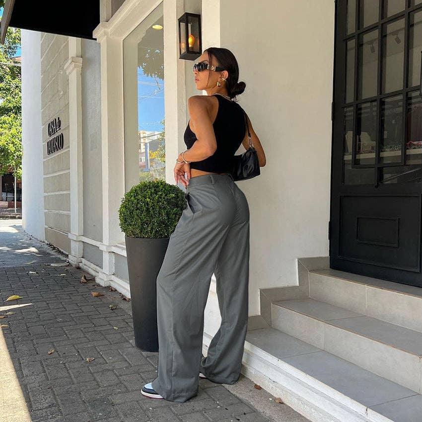 Ladies Solid Color High Waist Wide Leg Pants C-K6029 - SWEETKAMA