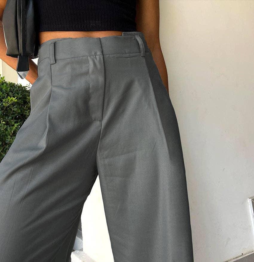 Ladies Solid Color High Waist Wide Leg Pants C-K6029 - SWEETKAMA