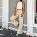 Ladies Solid Color High Waist Wide Leg Pants C-K6029 - SWEETKAMA
