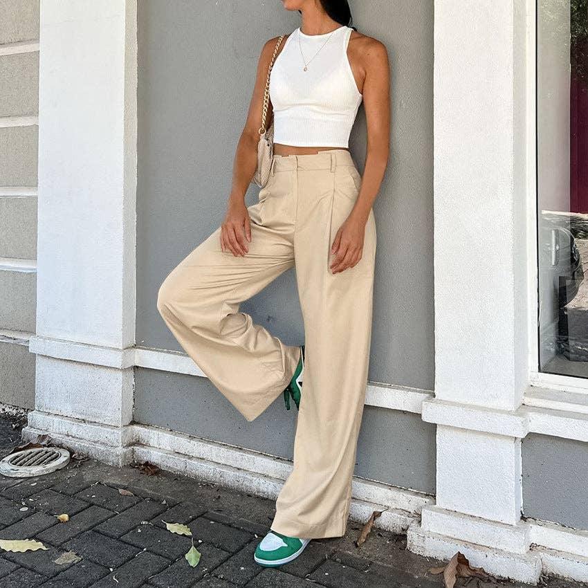 Ladies Solid Color High Waist Wide Leg Pants C-K6029 - SWEETKAMA