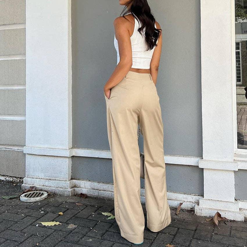 Ladies Solid Color High Waist Wide Leg Pants C-K6029 - SWEETKAMA