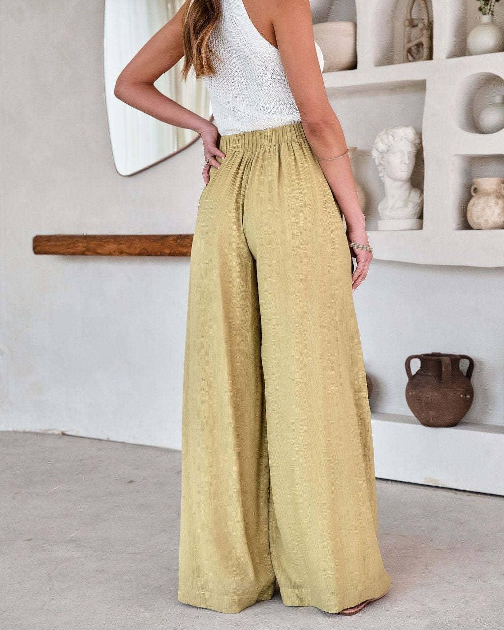 Ladies Solid Color High Waist Wide Leg Pants RX6607 - SWEETKAMA