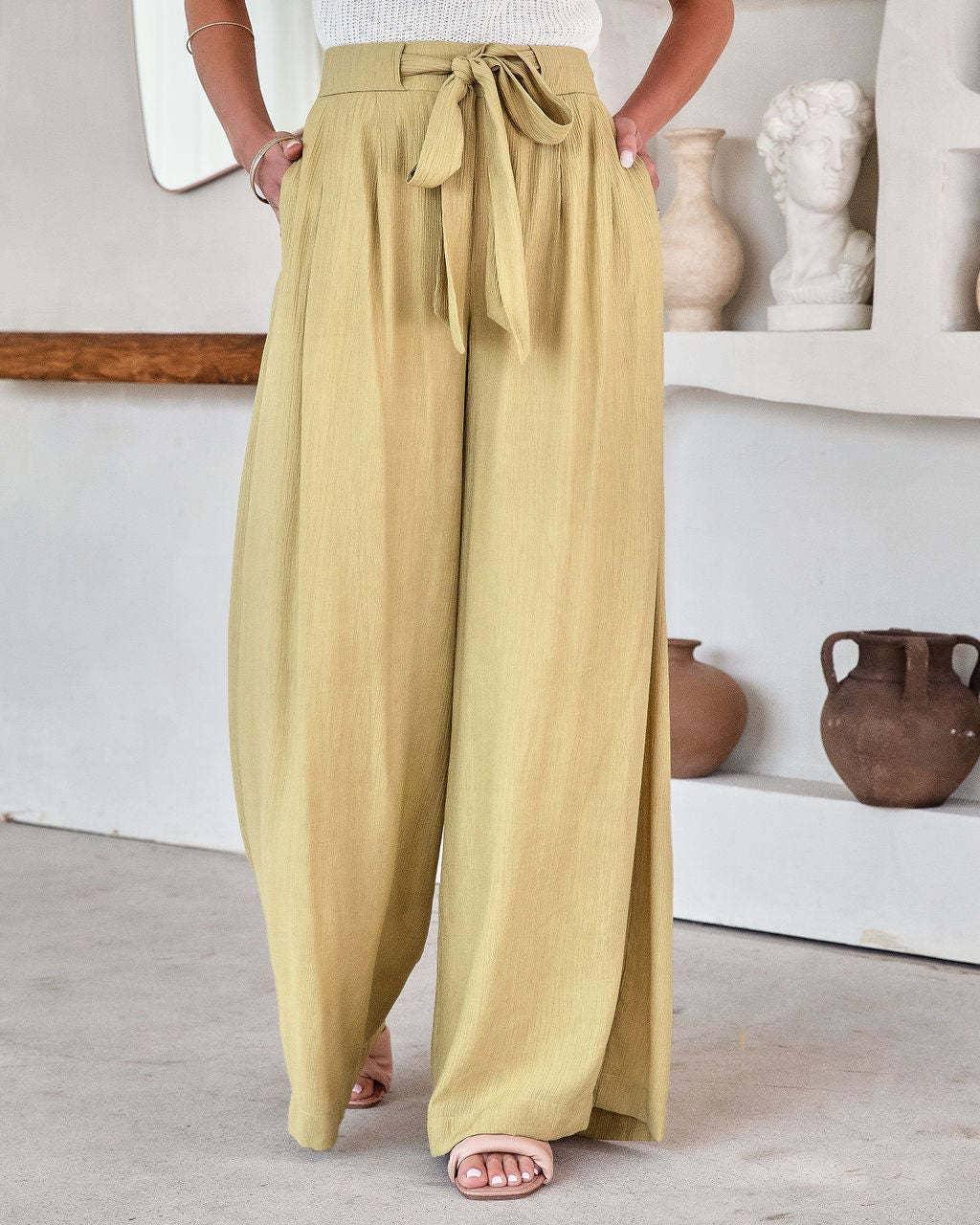Ladies Solid Color High Waist Wide Leg Pants RX6607 - SWEETKAMA