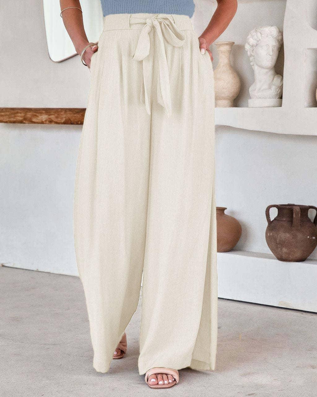 Ladies Solid Color High Waist Wide Leg Pants RX6607 - SWEETKAMA