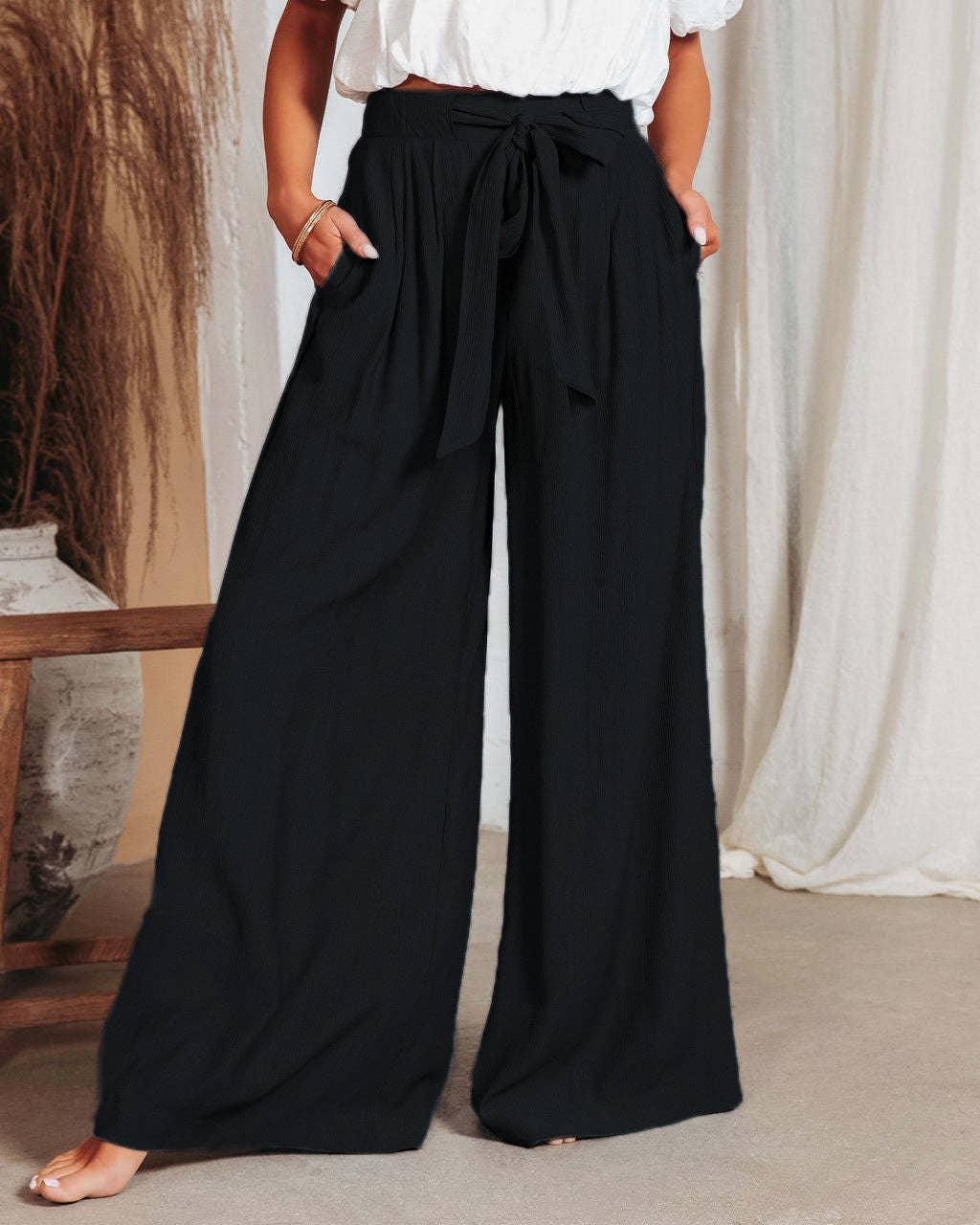 Ladies Solid Color High Waist Wide Leg Pants RX6607 - SWEETKAMA