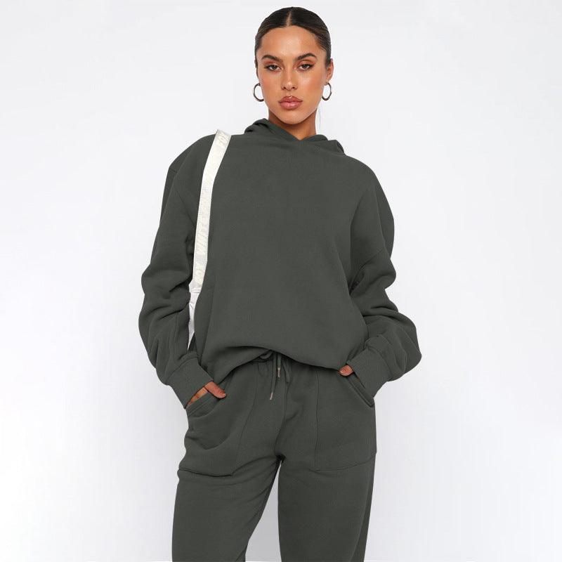 Ladies Solid Color Hoodie and Pants Sets 211337 - SWEETKAMA