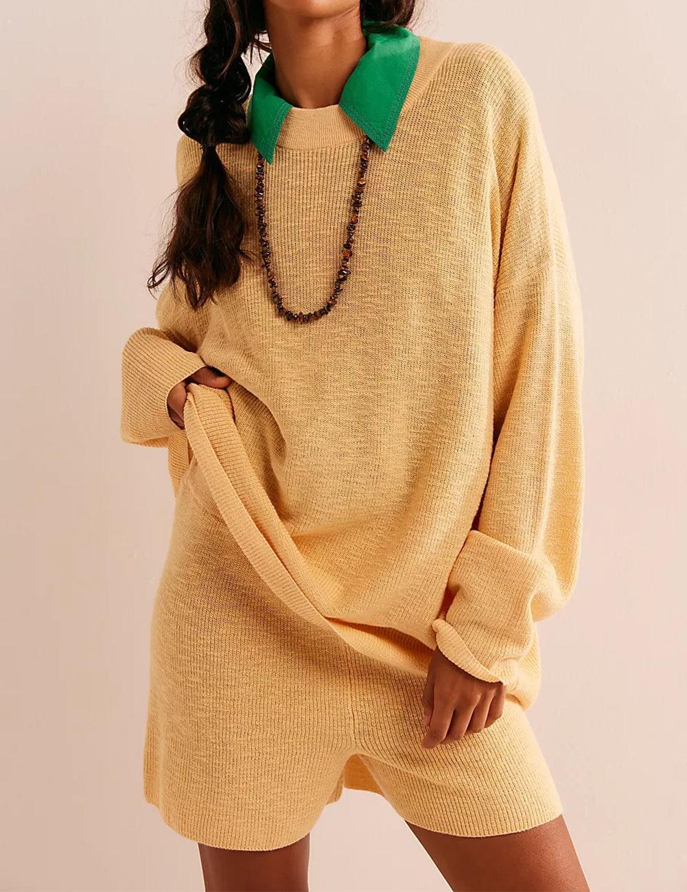 Ladies Solid Color Knit 2PCS Sweater Shorts Set SKST374 - SWEETKAMA