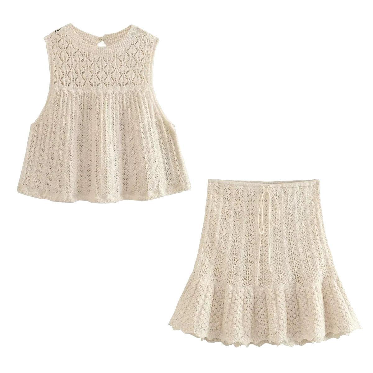 Ladies Solid Color Knit Vest And Skirt Set 3712 - SWEETKAMA