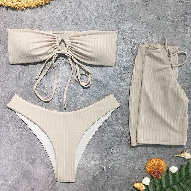 Ladies Solid Color Lace Up Bikini Set with Cover 2606 - SWEETKAMA