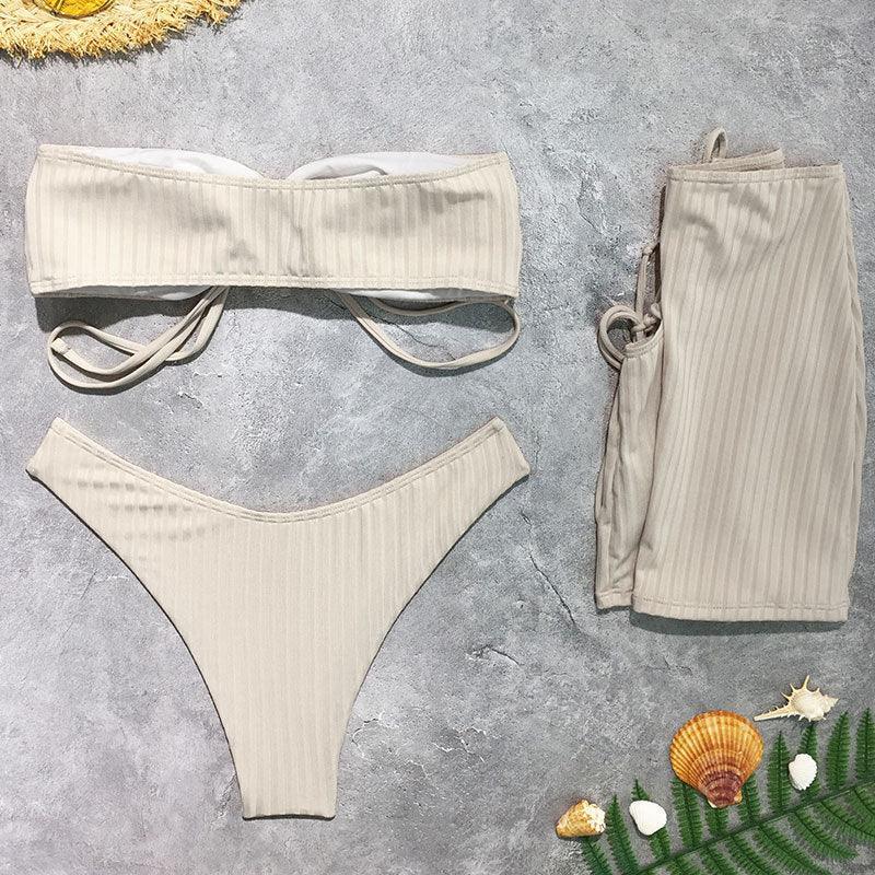Ladies Solid Color Lace Up Bikini Set with Cover 2606 - SWEETKAMA
