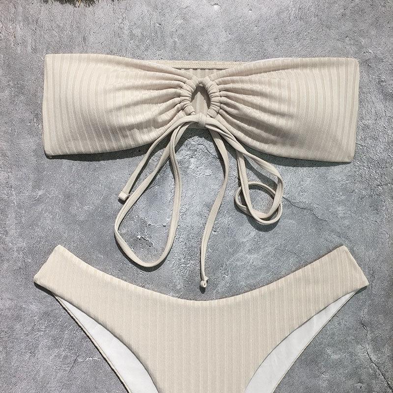 Ladies Solid Color Lace Up Bikini Set with Cover 2606 - SWEETKAMA