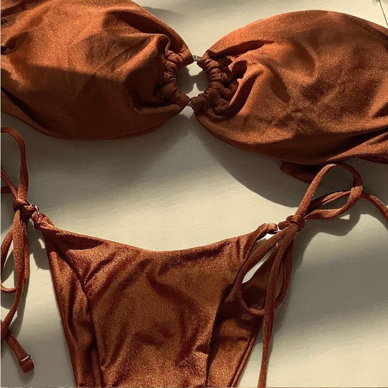 Ladies Solid Color Metal Rings Bikini Set 67691 - SWEETKAMA